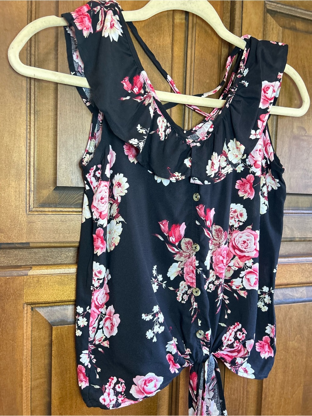No Boundaries Multi Color Floral Rayon Blouse w/ Ruffle Collar Trim SZ XS - Picture 3 of 6